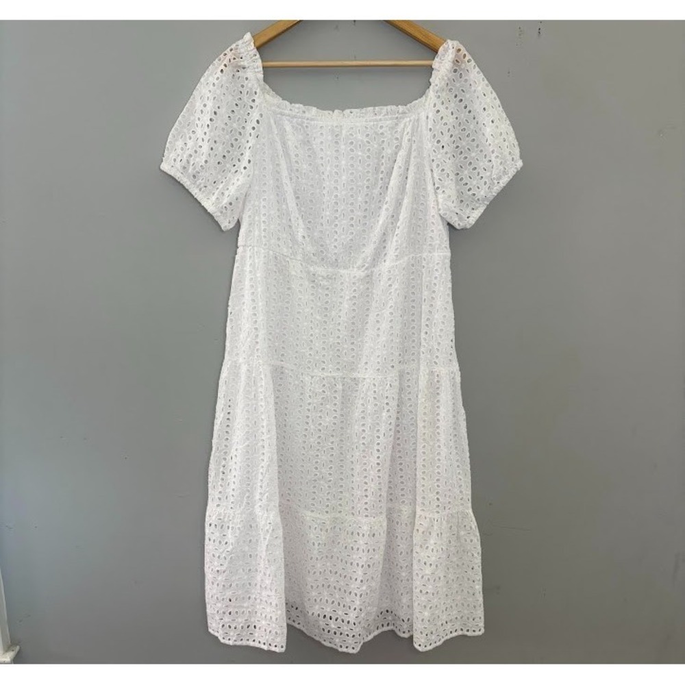 Lane Bryant Women Plus Size‎ 14W White Eyelet Dress Tiered, Puff Sleeves NWT